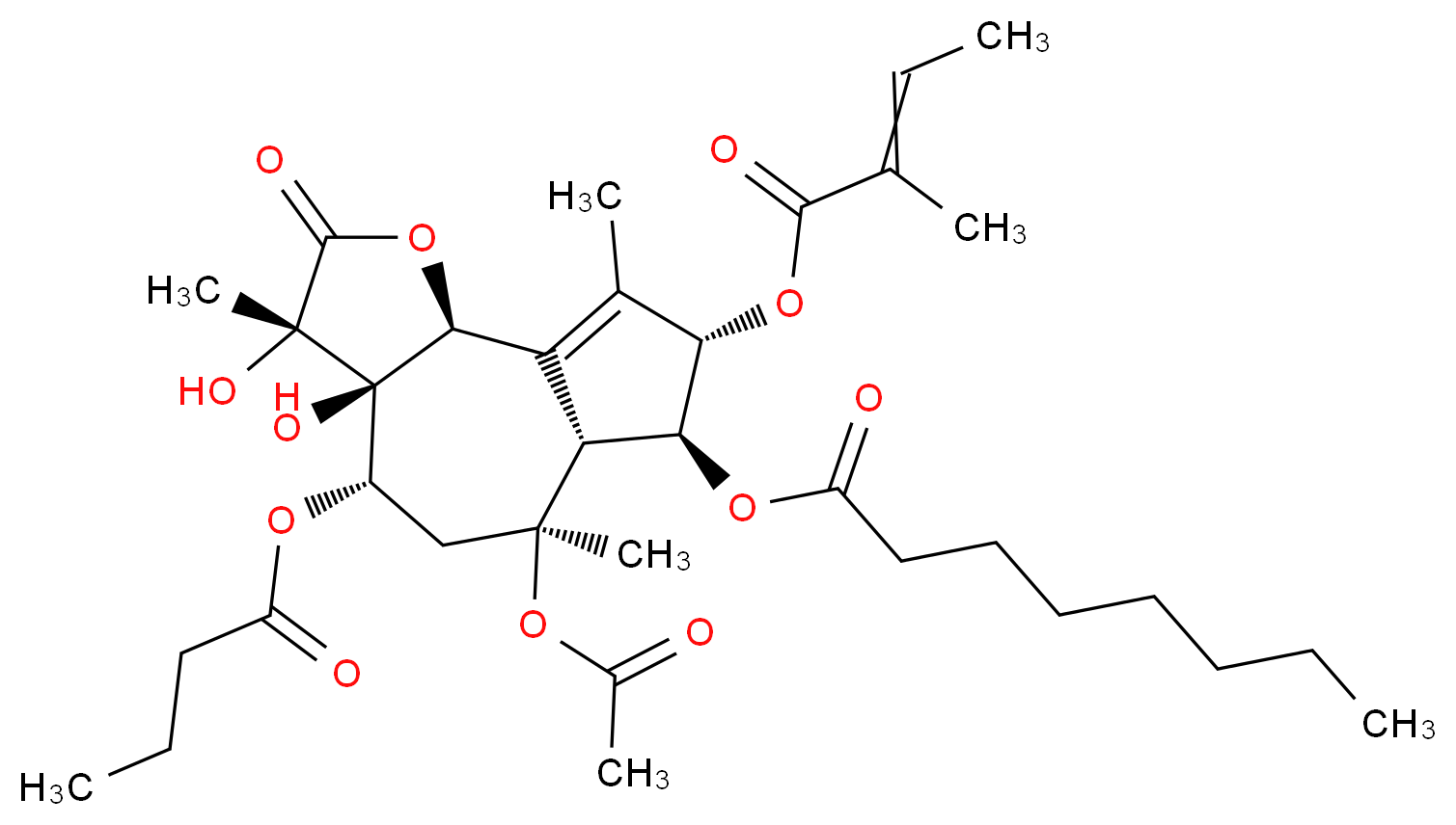 (3S,3aR,4S,6S,6aR,7S,8S,9bS)-6-(acetyloxy)-4-(butanoyloxy)-3,3a-dihydroxy-3,6,9-trimethyl-8-[(2-methylbut-2-enoyl)oxy]-2-oxo-2H,3H,3aH,4H,5H,6H,6aH,7H,8H,9bH-azuleno[4,5-b]furan-7-yl octanoate_分子结构_CAS_67526-95-8