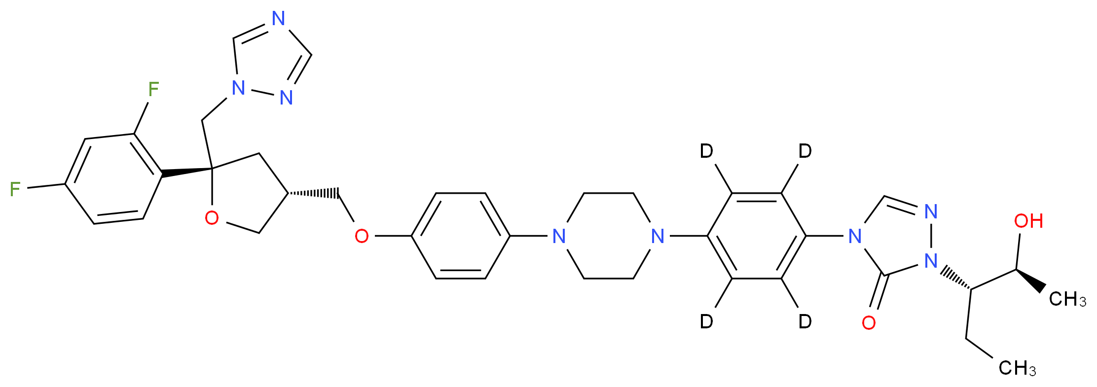 4-{4-[4-(4-{[(3R,5R)-5-(2,4-difluorophenyl)-5-(1H-1,2,4-triazol-1-ylmethyl)oxolan-3-yl]methoxy}phenyl)piperazin-1-yl](<sup>2</sup>H<sub>4</sub>)phenyl}-1-[(2S,3S)-2-hydroxypentan-3-yl]-4,5-dihydro-1H-1,2,4-triazol-5-one_分子结构_CAS_1133712-26-1