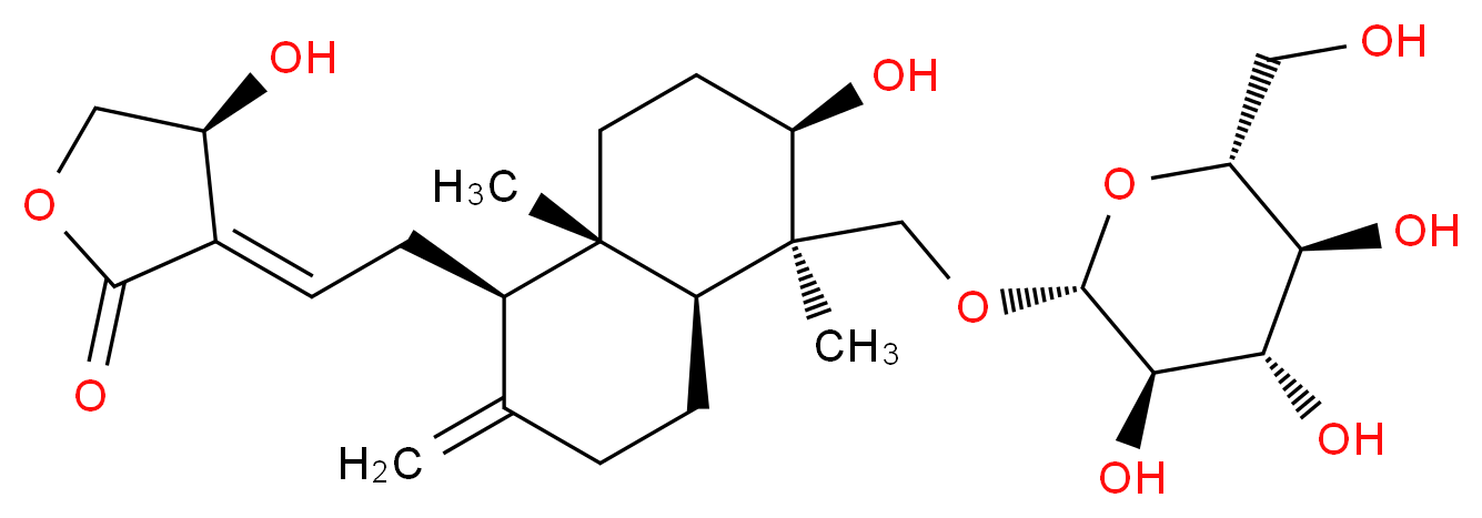 (3E,4S)-3-{2-[(1R,4aS,5R,6R,8aS)-6-hydroxy-5,8a-dimethyl-2-methylidene-5-({[(2R,3R,4S,5S,6R)-3,4,5-trihydroxy-6-(hydroxymethyl)oxan-2-yl]oxy}methyl)-decahydronaphthalen-1-yl]ethylidene}-4-hydroxyoxolan-2-one_分子结构_CAS_82209-76-5