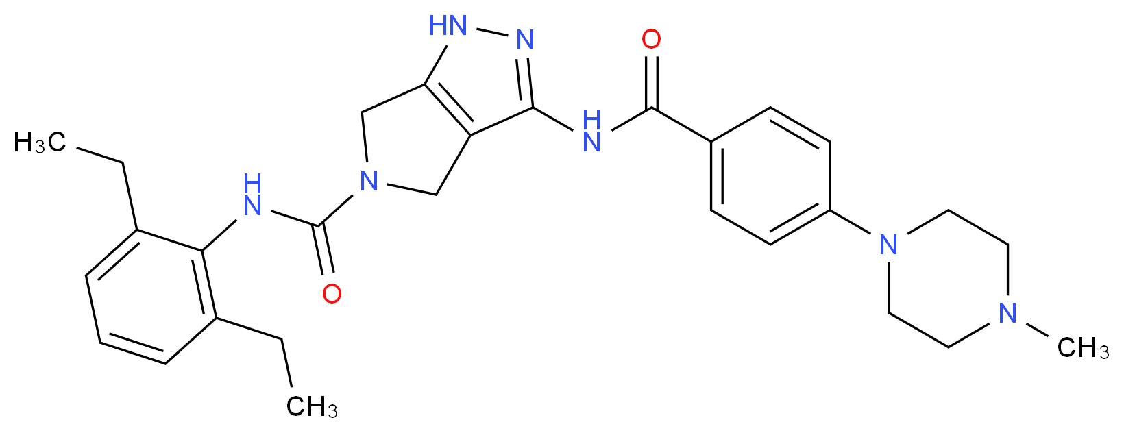 N-(2,6-diethylphenyl)-3-[4-(4-methylpiperazin-1-yl)benzamido]-1H,4H,5H,6H-pyrrolo[3,4-c]pyrazole-5-carboxamide_分子结构_CAS_398493-79-3