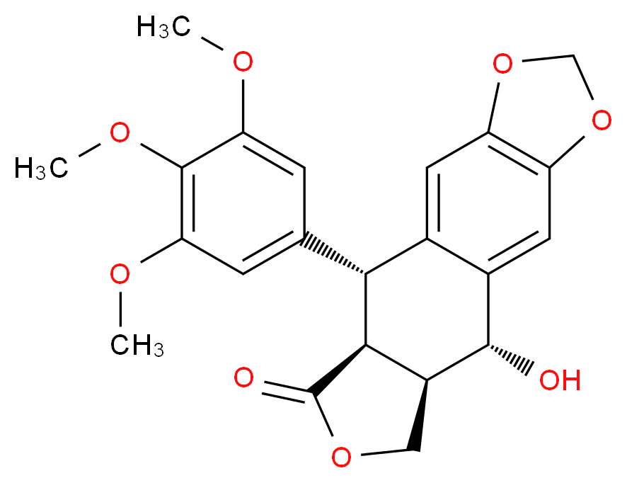 (10R,11S,15R,16R)-16-hydroxy-10-(3,4,5-trimethoxyphenyl)-4,6,13-trioxatetracyclo[7.7.0.0<sup>3</sup>,<sup>7</sup>.0<sup>1</sup><sup>1</sup>,<sup>1</sup><sup>5</sup>]hexadeca-1,3(7),8-trien-12-one_分子结构_CAS_477-47-4