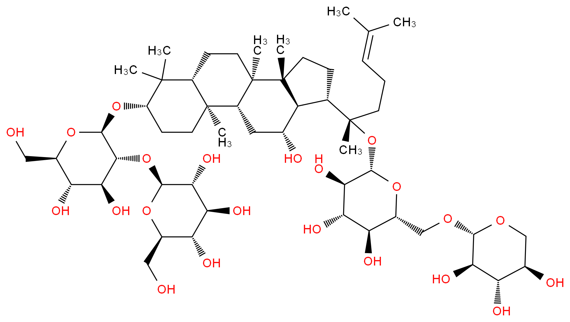 (2S,3R,4S,5S,6R)-2-{[(2R,3R,4S,5S,6R)-4,5-dihydroxy-2-{[(1R,2R,5S,7R,10R,11R,14S,15R,16R)-16-hydroxy-2,6,6,10,11-pentamethyl-14-[(2S)-6-methyl-2-{[(2S,3R,4S,5S,6R)-3,4,5-trihydroxy-6-({[(2S,3R,4S,5R)-3,4,5-trihydroxyoxan-2-yl]oxy}methyl)oxan-2-yl]oxy}hept-5-en-2-yl]tetracyclo[8.7.0.0?,?.0??,??]heptadecan-5-yl]oxy}-6-(hydroxymethyl)oxan-3-yl]oxy}-6-(hydroxymethyl)oxane-3,4,5-triol_分子结构_CAS_68403-26-8