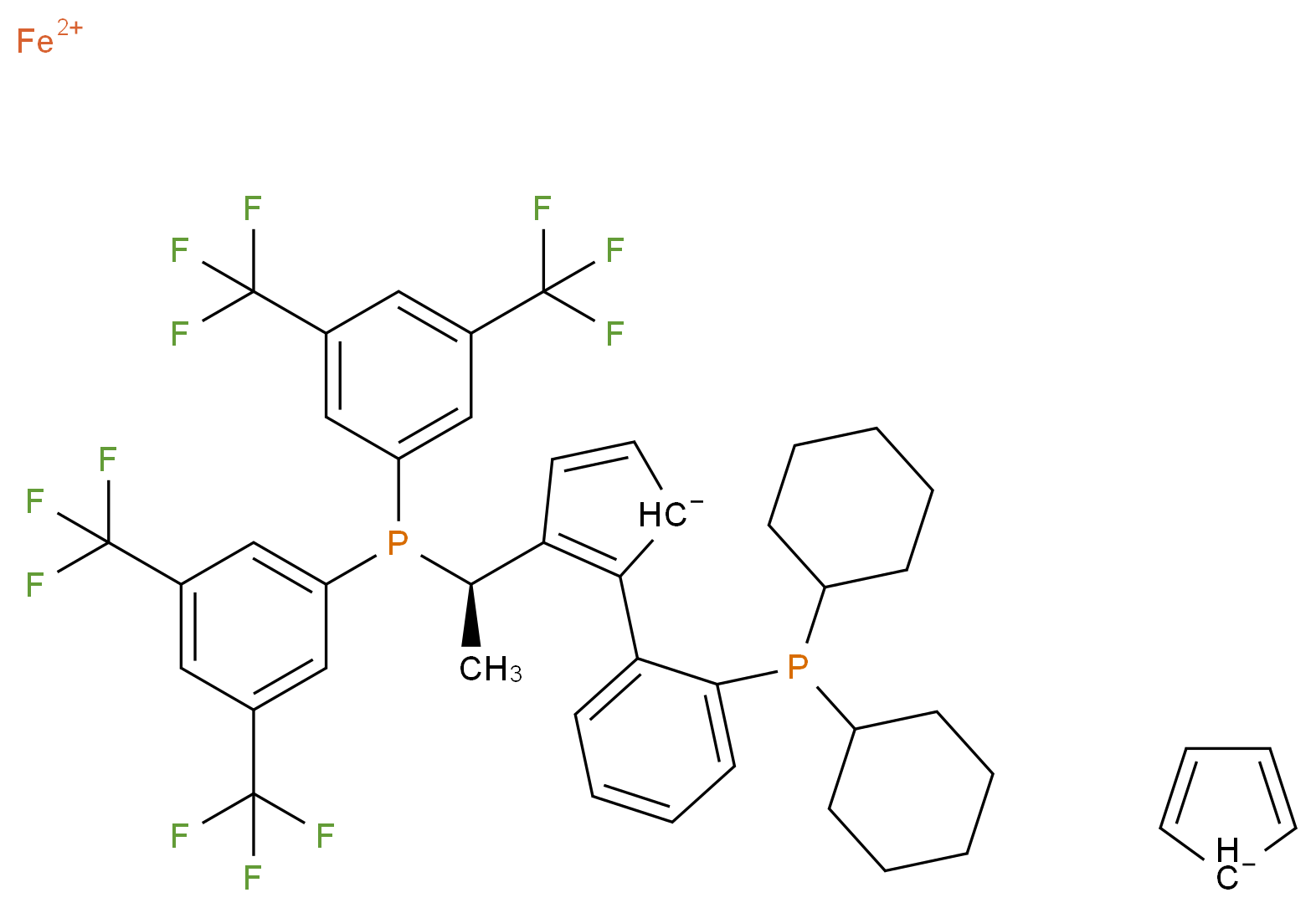 λ<sup>2</sup>-iron(2+) ion 3-[(1R)-1-{bis[3,5-bis(trifluoromethyl)phenyl]phosphanyl}ethyl]-2-[2-(dicyclohexylphosphanyl)phenyl]cyclopenta-2,4-dien-1-ide cyclopenta-2,4-dien-1-ide_分子结构_CAS_849925-22-0