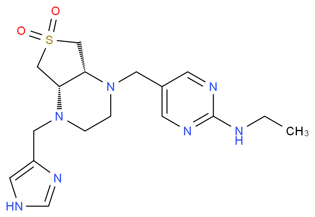 N-ethyl-5-{[(4aS*,7aR*)-4-(1H-imidazol-4-ylmethyl)-6,6-dioxidohexahydrothieno[3,4-b]pyrazin-1(2H)-yl]methyl}-2-pyrimidinamine_分子结构_CAS_)