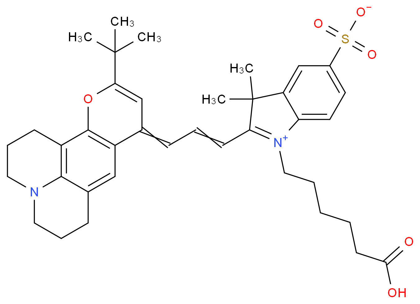 2-(3-{4-tert-butyl-3-oxa-13-azatetracyclo[7.7.1.0<sup>2</sup>,<sup>7</sup>.0<sup>1</sup><sup>3</sup>,<sup>1</sup><sup>7</sup>]heptadeca-1(17),2(7),4,8-tetraen-6-ylidene}prop-1-en-1-yl)-1-(5-carboxypentyl)-3,3-dimethyl-3H-indol-1-ium-5-sulfonate_分子结构_CAS_375395-99-6