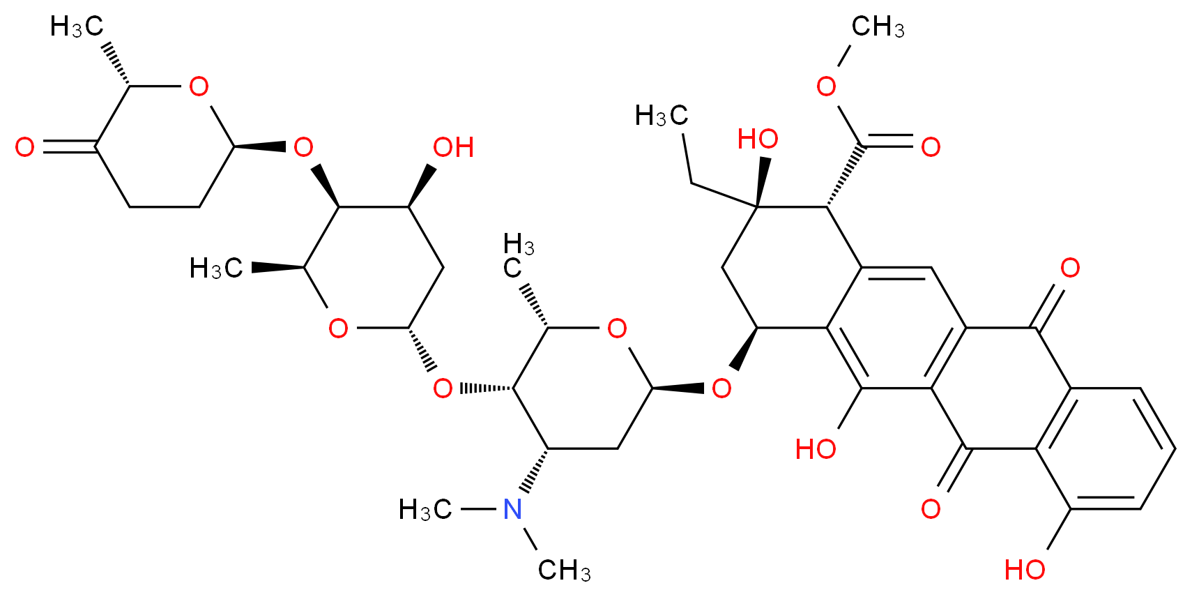 methyl (1R,2R,4S)-4-{[(2R,4S,5S,6S)-4-(dimethylamino)-5-{[(2S,4S,5S,6S)-4-hydroxy-6-methyl-5-{[(2R,6S)-6-methyl-5-oxooxan-2-yl]oxy}oxan-2-yl]oxy}-6-methyloxan-2-yl]oxy}-2-ethyl-2,5,7-trihydroxy-6,11-dioxo-1,2,3,4,6,11-hexahydrotetracene-1-carboxylate_分子结构_CAS_57576-44-0