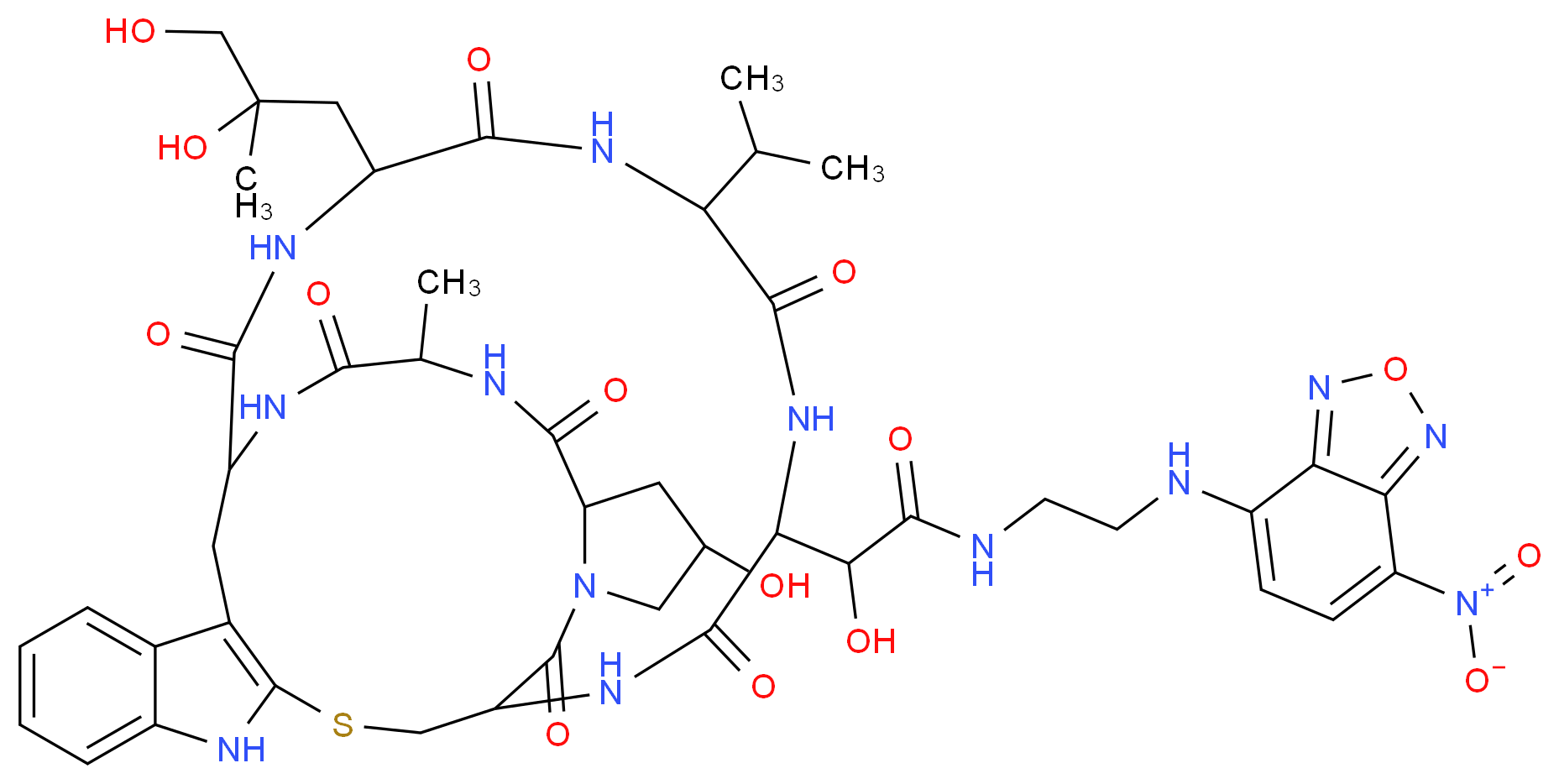 2-[28-(2,3-dihydroxy-2-methylpropyl)-18-hydroxy-23-methyl-15,21,24,26,29,32,35-heptaoxo-31-(propan-2-yl)-12-thia-10,16,22,25,27,30,33,36-octaazapentacyclo[12.11.11.0<sup>3</sup>,<sup>1</sup><sup>1</sup>.0<sup>4</sup>,<sup>9</sup>.0<sup>1</sup><sup>6</sup>,<sup>2</sup><sup>0</sup>]hexatriaconta-3(11),4,6,8-tetraen-34-yl]-2-hydroxy-N-{2-[(7-nitro-2,1,3-benzoxadiazol-4-yl)amino]ethyl}acetamide_分子结构_CAS_73413-78-2