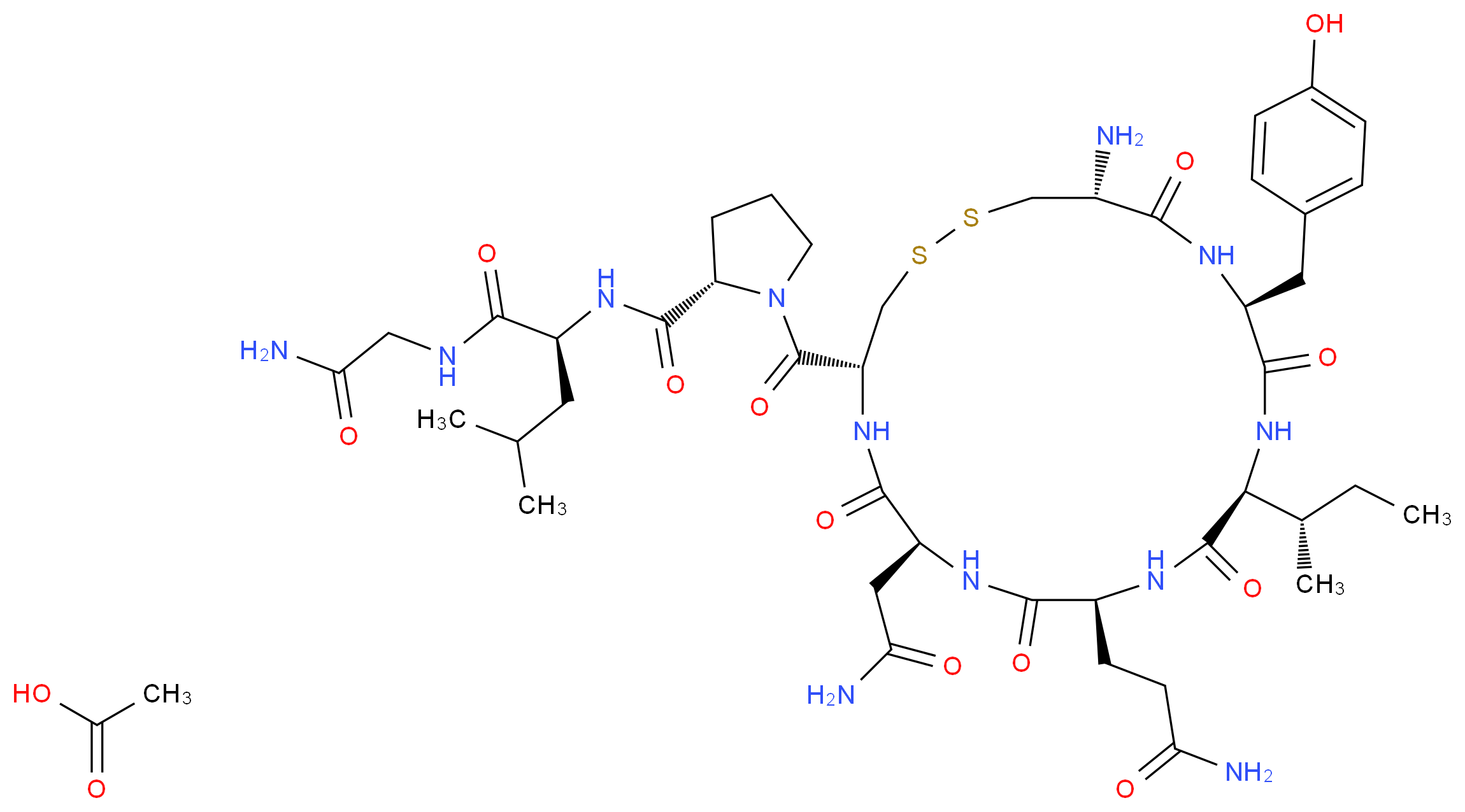 (2S)-2-{[(2S)-1-[(4R,7S,10S,13S,16S,19R)-19-amino-13-[(2S)-butan-2-yl]-10-(2-carbamoylethyl)-7-(carbamoylmethyl)-16-[(4-hydroxyphenyl)methyl]-6,9,12,15,18-pentaoxo-1,2-dithia-5,8,11,14,17-pentaazacycloicosane-4-carbonyl]pyrrolidin-2-yl]formamido}-N-(carbamoylmethyl)-4-methylpentanamide; acetic acid_分子结构_CAS_6233-83-6