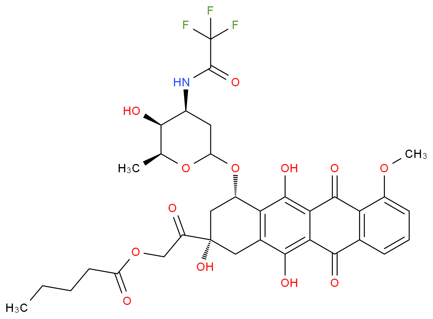 2-oxo-2-[(2S,4S)-2,5,12-trihydroxy-4-{[(4S,5S,6S)-5-hydroxy-6-methyl-4-(trifluoroacetamido)oxan-2-yl]oxy}-7-methoxy-6,11-dioxo-1,2,3,4,6,11-hexahydrotetracen-2-yl]ethyl pentanoate_分子结构_CAS_56124-62-0