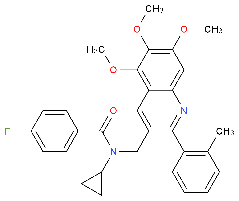N-cyclopropyl-4-fluoro-N-{[5,6,7-trimethoxy-2-(2-methylphenyl)-3-quinolinyl]methyl}benzamide_分子结构_CAS_)