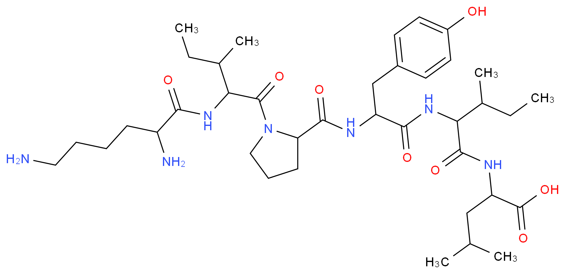 2-{2-[2-({1-[2-(2,6-diaminohexanamido)-3-methylpentanoyl]pyrrolidin-2-yl}formamido)-3-(4-hydroxyphenyl)propanamido]-3-methylpentanamido}-4-methylpentanoic acid_分子结构_CAS_92169-45-4