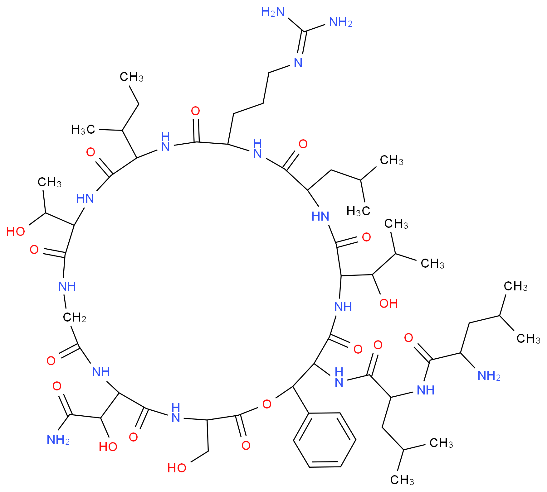 2-amino-N-(1-{[15-(butan-2-yl)-6-[carbamoyl(hydroxy)methyl]-18-{3-[(diaminomethylidene)amino]propyl}-24-(1-hydroxy-2-methylpropyl)-12-(1-hydroxyethyl)-3-(hydroxymethyl)-21-(2-methylpropyl)-2,5,8,11,14,17,20,23,26-nonaoxo-28-phenyl-1-oxa-4,7,10,13,16,19,22,25-octaazacyclooctacosan-27-yl]carbamoyl}-3-methylbutyl)-4-methylpentanamide_分子结构_CAS_116340-02-4