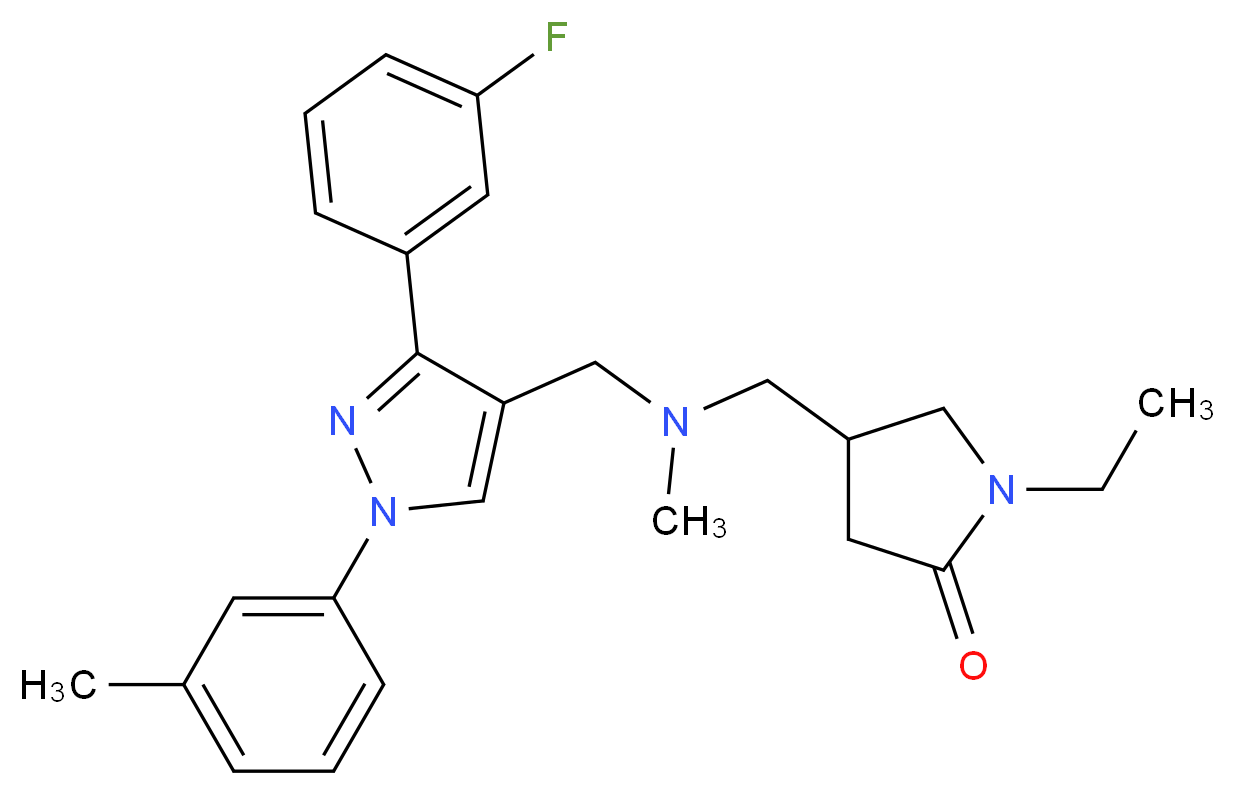 1-ethyl-4-{[{[3-(3-fluorophenyl)-1-(3-methylphenyl)-1H-pyrazol-4-yl]methyl}(methyl)amino]methyl}-2-pyrrolidinone_分子结构_CAS_)