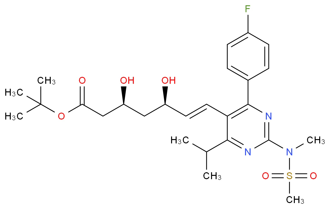 tert-butyl (3S,5R,6E)-7-[4-(4-fluorophenyl)-2-(N-methylmethanesulfonamido)-6-(propan-2-yl)pyrimidin-5-yl]-3,5-dihydroxyhept-6-enoate_分子结构_CAS_615263-60-0