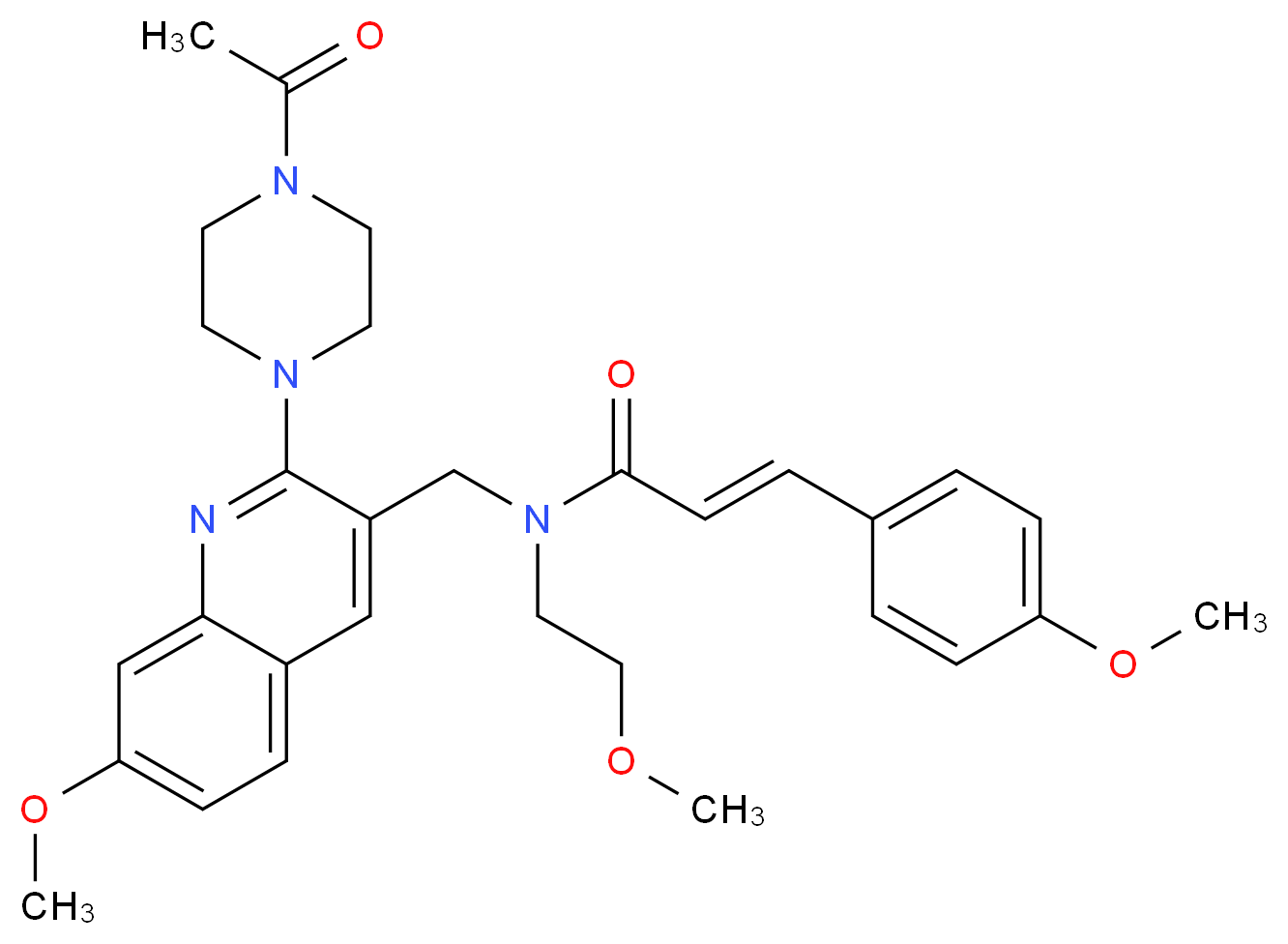 (2E)-N-{[2-(4-acetyl-1-piperazinyl)-7-methoxy-3-quinolinyl]methyl}-N-(2-methoxyethyl)-3-(4-methoxyphenyl)acrylamide_分子结构_CAS_)