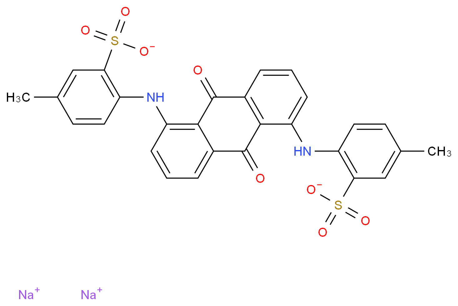 disodium 5-methyl-2-({5-[(4-methyl-2-sulfonatophenyl)amino]-9,10-dioxo-9,10-dihydroanthracen-1-yl}amino)benzene-1-sulfonate_分子结构_CAS_6408-63-5