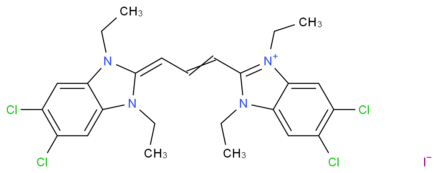 5,6-dichloro-2-{3-[(2E)-5,6-dichloro-1,3-diethyl-2,3-dihydro-1H-1,3-benzodiazol-2-ylidene]prop-1-en-1-yl}-1,3-diethyl-1H-1,3-benzodiazol-3-ium iodide_分子结构_CAS_3520-43-2