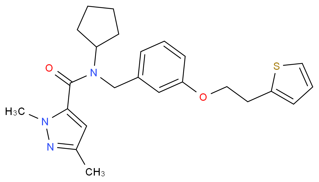 N-cyclopentyl-1,3-dimethyl-N-{3-[2-(2-thienyl)ethoxy]benzyl}-1H-pyrazole-5-carboxamide_分子结构_CAS_)
