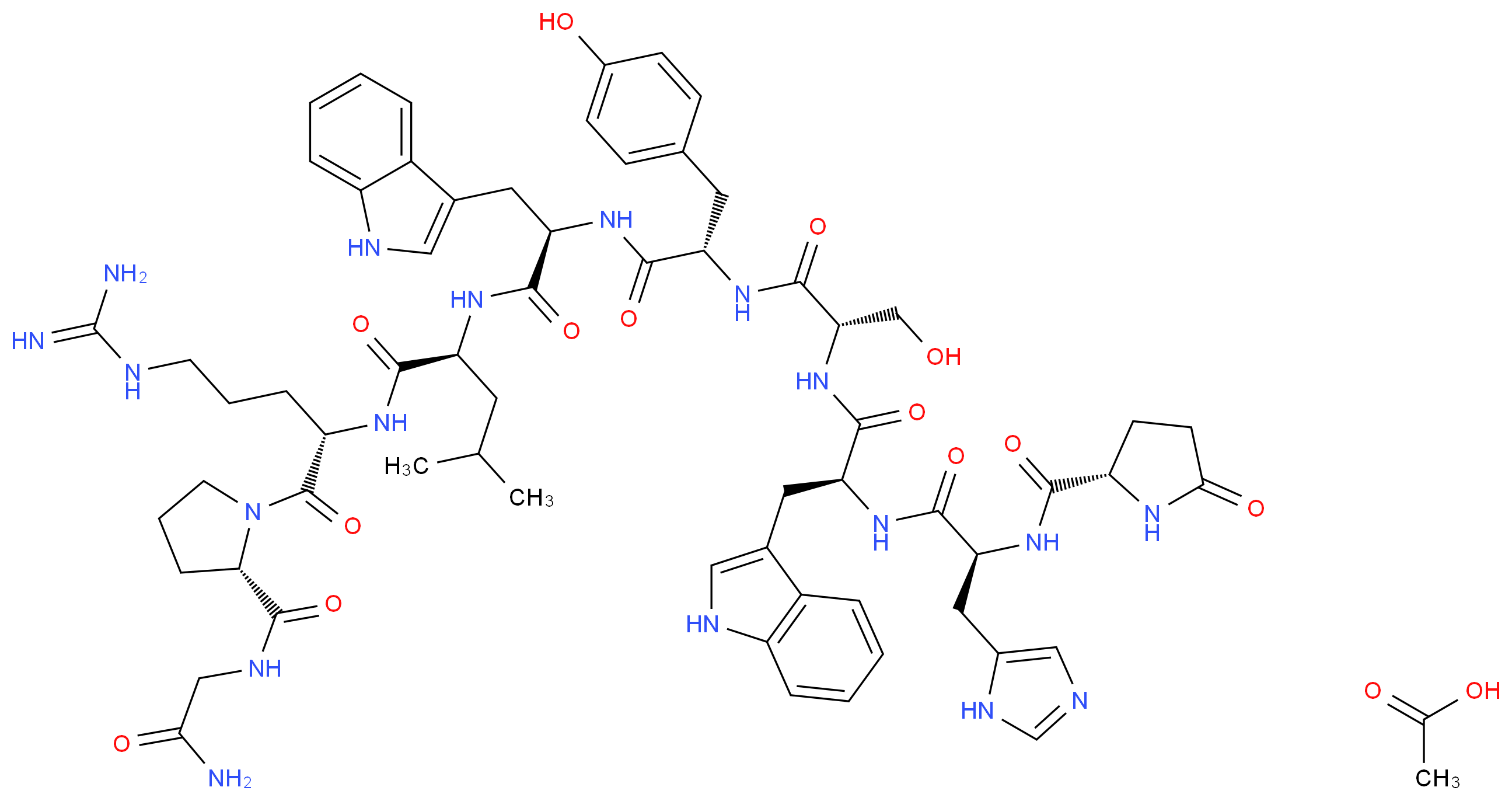 (2S)-N-[(2S)-5-carbamimidamido-1-[(2S)-2-[(carbamoylmethyl)carbamoyl]pyrrolidin-1-yl]-1-oxopentan-2-yl]-2-[(2R)-2-[(2S)-2-[(2S)-3-hydroxy-2-[(2S)-2-[(2S)-3-(1H-imidazol-5-yl)-2-{[(2S)-5-oxopyrrolidin-2-yl]formamido}propanamido]-3-(1H-indol-3-yl)propanamido]propanamido]-3-(4-hydroxyphenyl)propanamido]-3-(1H-indol-3-yl)propanamido]-4-methylpentanamide; acetic acid_分子结构_CAS_140194-24-7