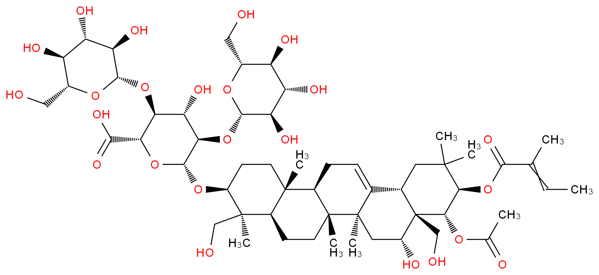 (2S,3S,4S,5R,6R)-6-{[(3S,4S,4aR,6aR,6bS,8R,8aR,9R,10R,12aS,14aR,14bR)-9-(acetyloxy)-8-hydroxy-4,8a-bis(hydroxymethyl)-4,6a,6b,11,11,14b-hexamethyl-10-[(2-methylbut-2-enoyl)oxy]-1,2,3,4,4a,5,6,6a,6b,7,8,8a,9,10,11,12,12a,14,14a,14b-icosahydropicen-3-yl]oxy}-4-hydroxy-3,5-bis({[(2S,3R,4S,5S,6R)-3,4,5-trihydroxy-6-(hydroxymethyl)oxan-2-yl]oxy})oxane-2-carboxylic acid_分子结构_CAS_6805-41-0
