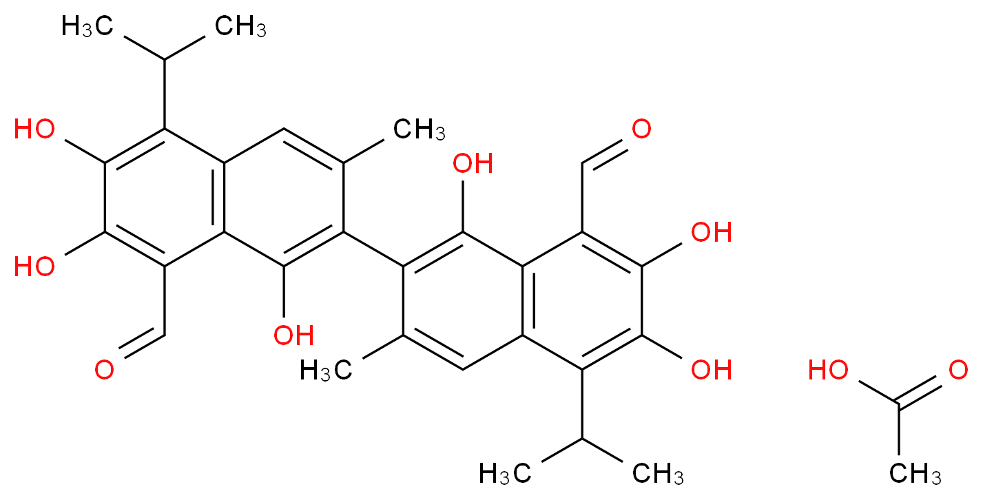 7-[8-formyl-1,6,7-trihydroxy-3-methyl-5-(propan-2-yl)naphthalen-2-yl]-2,3,8-trihydroxy-6-methyl-4-(propan-2-yl)naphthalene-1-carbaldehyde; acetic acid_分子结构_CAS_12542-36-8