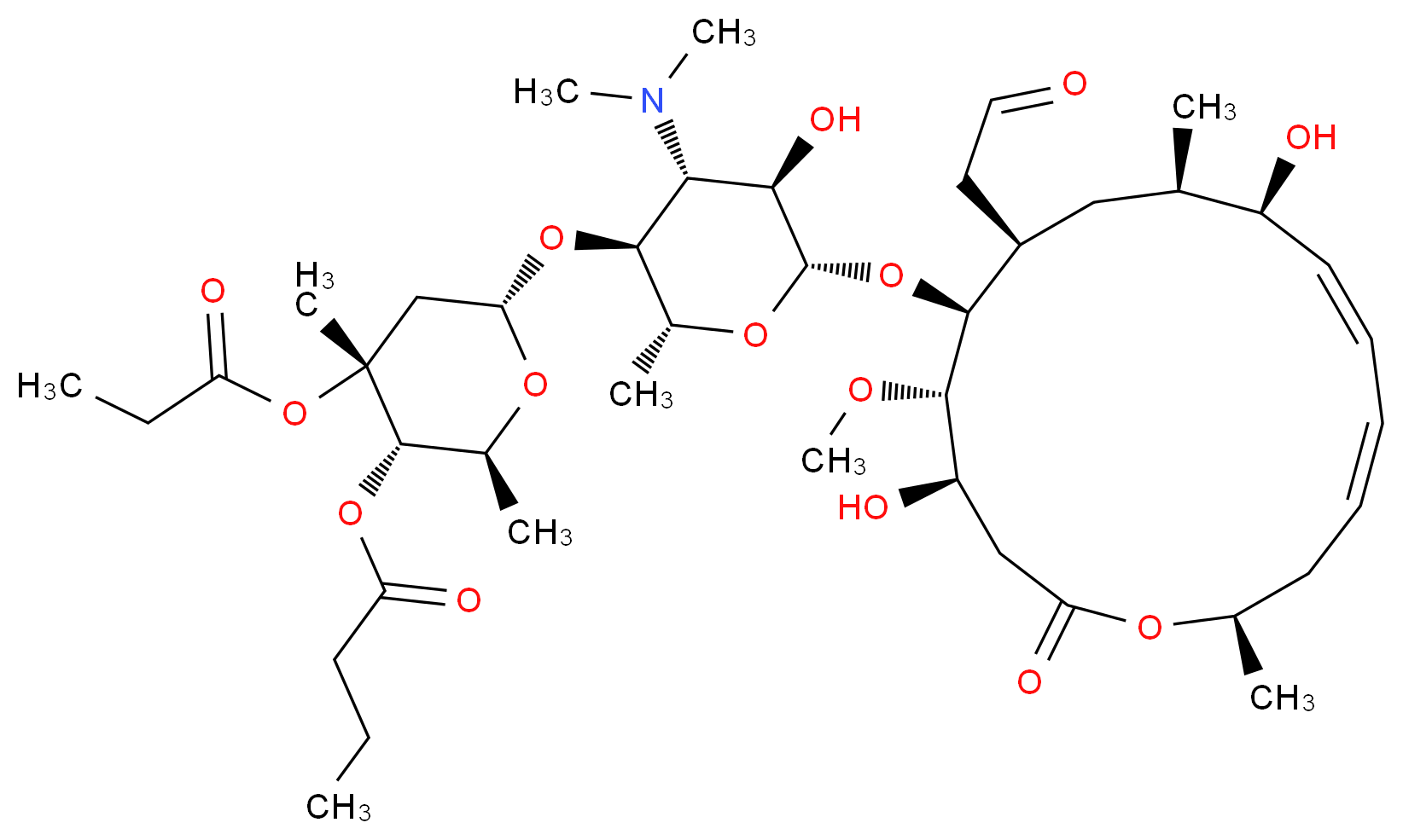 (2S,3S,4R,6S)-6-{[(2R,3S,4R,5R,6S)-6-{[(4R,5S,6S,7R,9R,10R,11E,13E,16R)-4,10-dihydroxy-5-methoxy-9,16-dimethyl-2-oxo-7-(2-oxoethyl)-1-oxacyclohexadeca-11,13-dien-6-yl]oxy}-4-(dimethylamino)-5-hydroxy-2-methyloxan-3-yl]oxy}-2,4-dimethyl-4-(propanoyloxy)oxan-3-yl butanoate_分子结构_CAS_74014-51-0