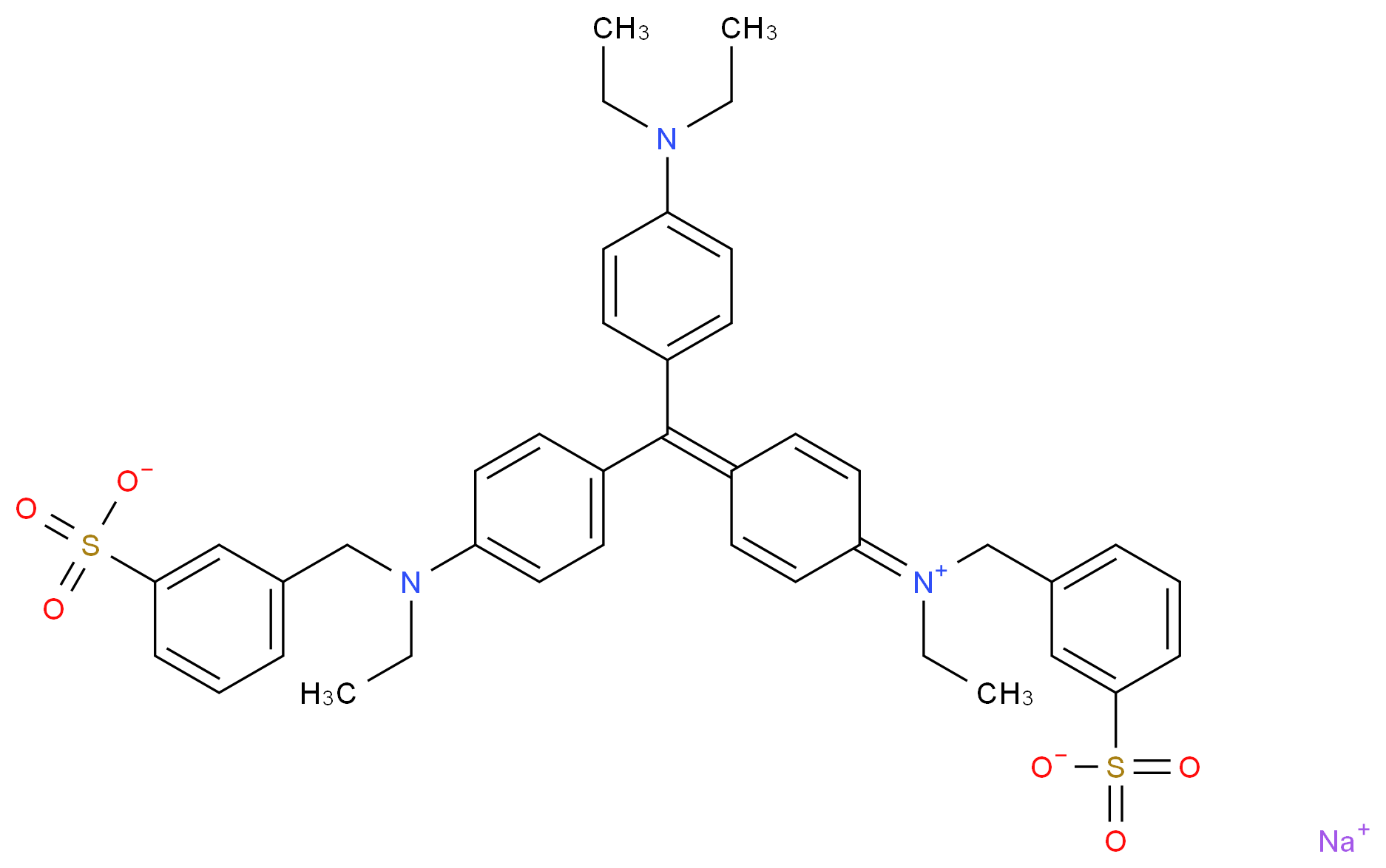 sodium 3-{[(4-{[4-(diethylamino)phenyl](4-{ethyl[(3-sulfonatophenyl)methyl]iminiumyl}cyclohexa-2,5-dien-1-ylidene)methyl}phenyl)(ethyl)amino]methyl}benzene-1-sulfonate_分子结构_CAS_4129-84-4