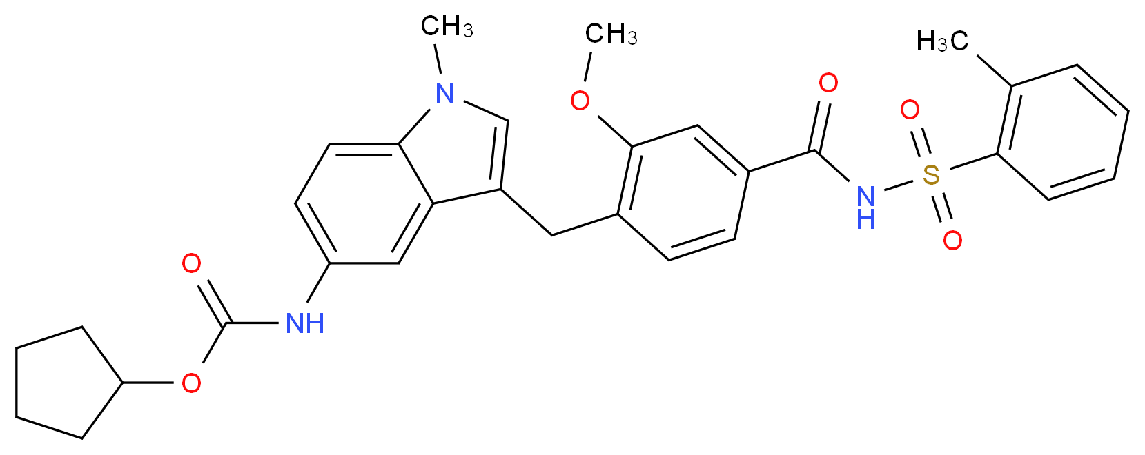 cyclopentyl N-[3-({2-methoxy-4-[(2-methylbenzenesulfonyl)carbamoyl]phenyl}methyl)-1-methyl-1H-indol-5-yl]carbamate_分子结构_CAS_107753-78-6