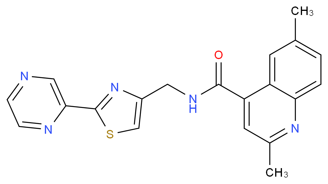 2,6-dimethyl-N-{[2-(2-pyrazinyl)-1,3-thiazol-4-yl]methyl}-4-quinolinecarboxamide_分子结构_CAS_)