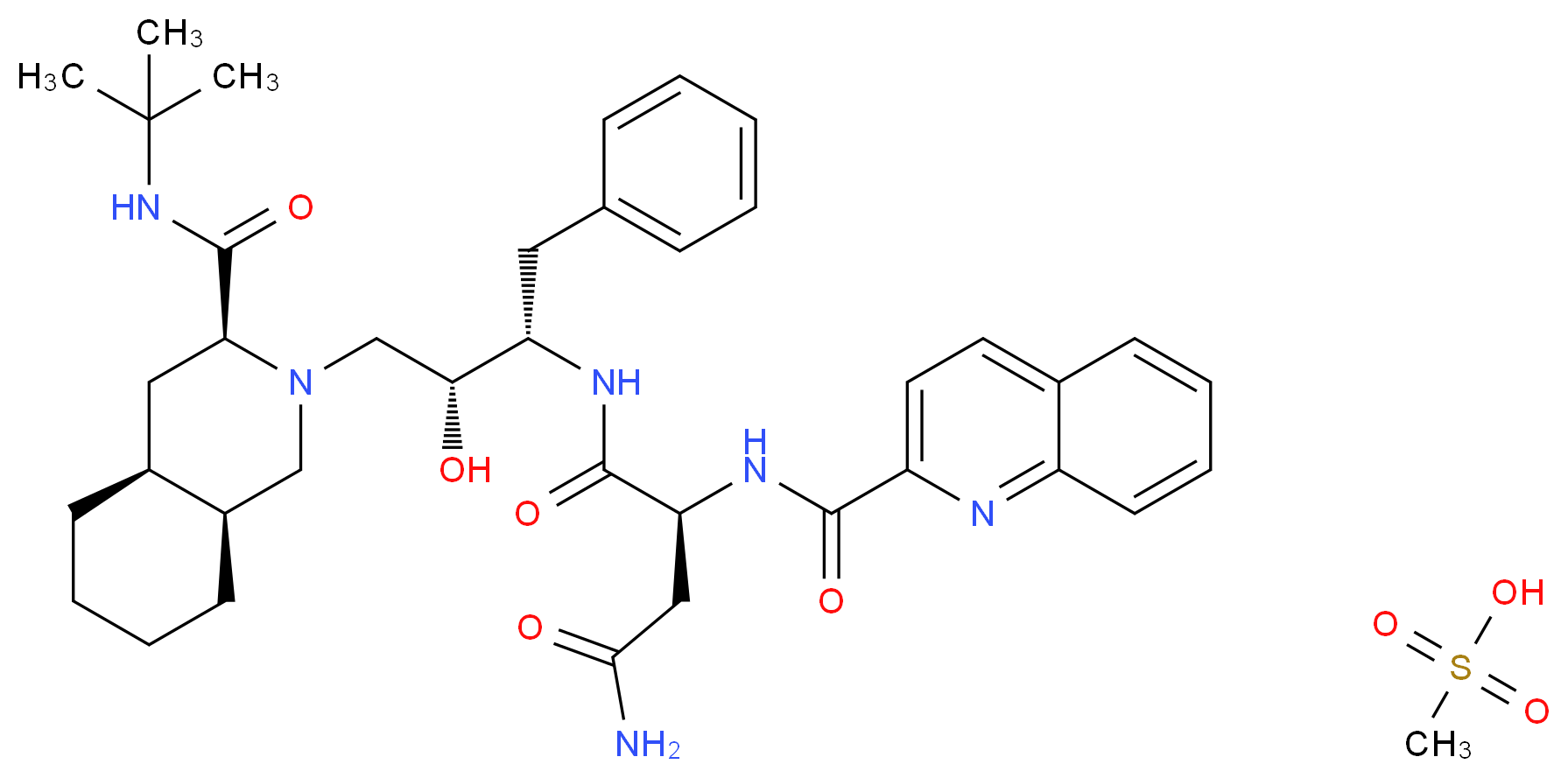 (2S)-N-[(2S,3R)-4-[(3S,4aS,8aS)-3-(tert-butylcarbamoyl)-decahydroisoquinolin-2-yl]-3-hydroxy-1-phenylbutan-2-yl]-2-(quinolin-2-ylformamido)butanediamide; methanesulfonic acid_分子结构_CAS_149845-06-7