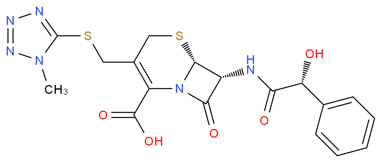 (6R,7R)-7-[(2R)-2-hydroxy-2-phenylacetamido]-3-{[(1-methyl-1H-1,2,3,4-tetrazol-5-yl)sulfanyl]methyl}-8-oxo-5-thia-1-azabicyclo[4.2.0]oct-2-ene-2-carboxylic acid_分子结构_CAS_34444-01-4