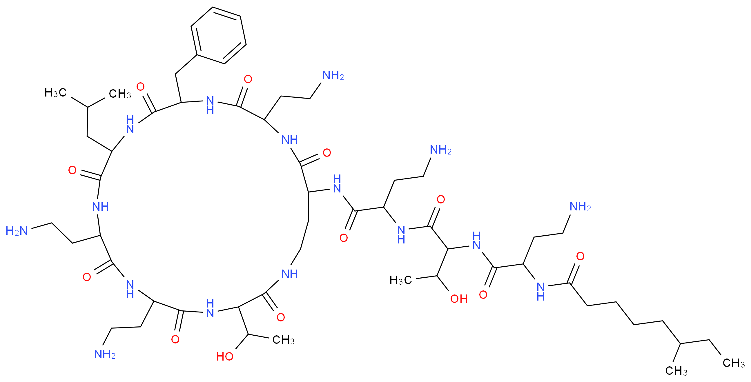 N-[3-amino-1-({1-[(3-amino-1-{[6,9,18-tris(2-aminoethyl)-15-benzyl-3-(1-hydroxyethyl)-12-(2-methylpropyl)-2,5,8,11,14,17,20-heptaoxo-1,4,7,10,13,16,19-heptaazacyclotricosan-21-yl]carbamoyl}propyl)carbamoyl]-2-hydroxypropyl}carbamoyl)propyl]-6-methyloctanamide_分子结构_CAS_1405-20-5