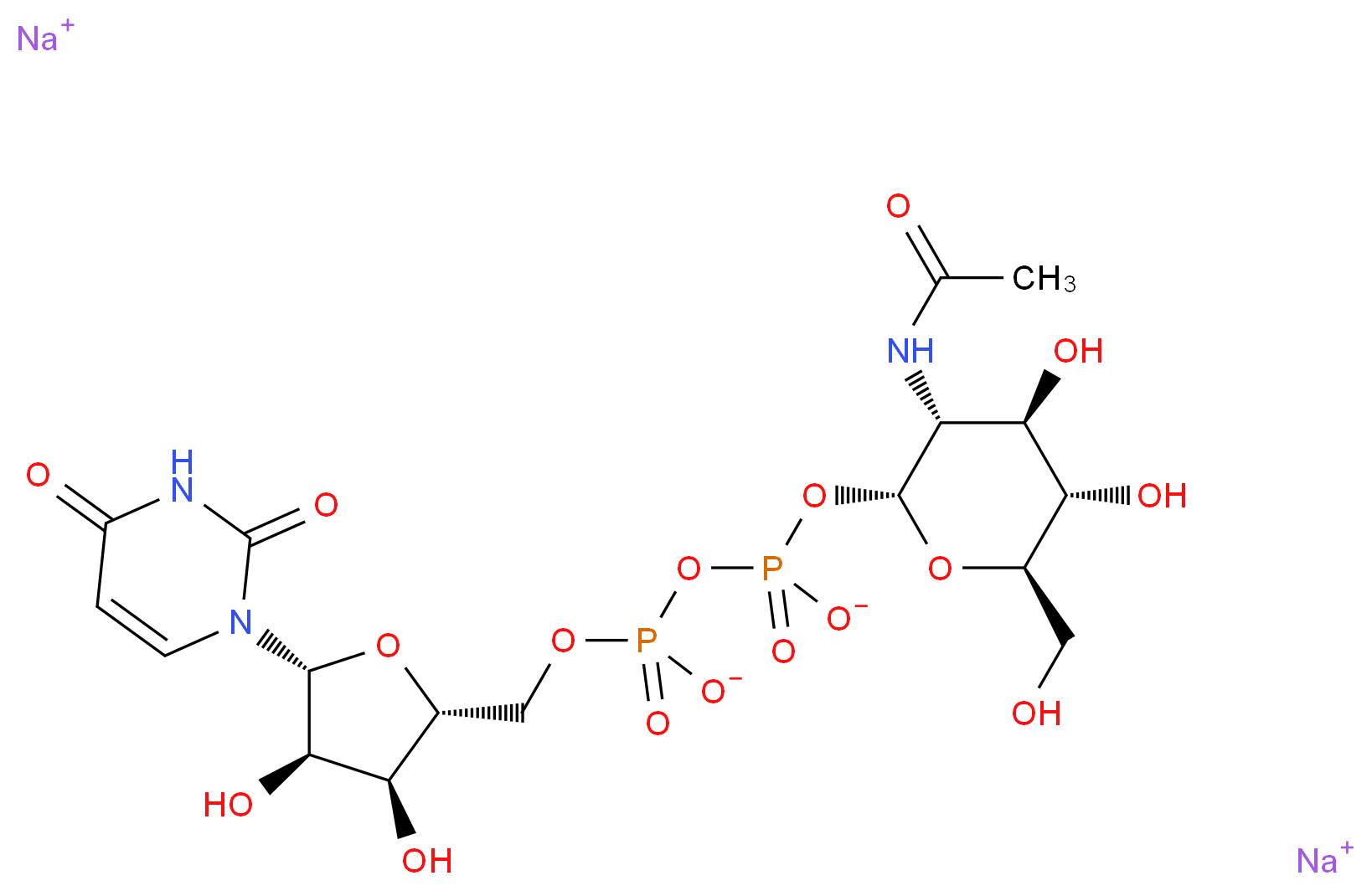 disodium (2R,3R,4R,5S,6R)-3-acetamido-4,5-dihydroxy-6-(hydroxymethyl)oxan-2-yl ({[(2R,3S,4R,5R)-5-(2,4-dioxo-1,2,3,4-tetrahydropyrimidin-1-yl)-3,4-dihydroxyoxolan-2-yl]methyl phosphonato}oxy)phosphonate_分子结构_CAS_91183-98-1