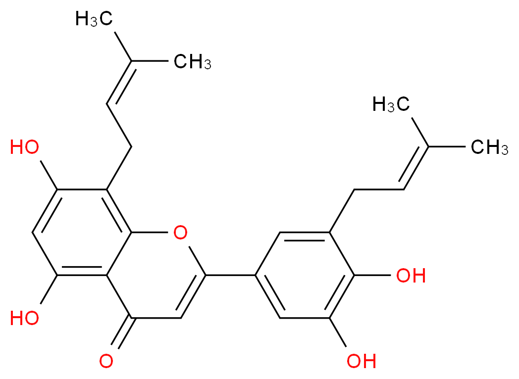 2-[3,4-dihydroxy-5-(3-methylbut-2-en-1-yl)phenyl]-5,7-dihydroxy-8-(3-methylbut-2-en-1-yl)-4H-chromen-4-one_分子结构_CAS_161068-53-7