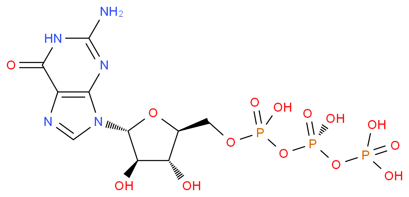 ({[({[(2S,3R,4R,5R)-5-(2-amino-6-oxo-6,9-dihydro-1H-purin-9-yl)-3,4-dihydroxyoxolan-2-yl]methoxy}(hydroxy)phosphoryl)oxy](hydroxy)phosphoryl}oxy)phosphonic acid_分子结构_CAS_86-01-1