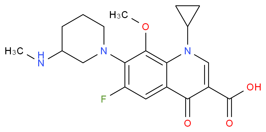 1-cyclopropyl-6-fluoro-8-methoxy-7-[3-(methylamino)piperidin-1-yl]-4-oxo-1,4-dihydroquinoline-3-carboxylic acid_分子结构_CAS_127294-70-6