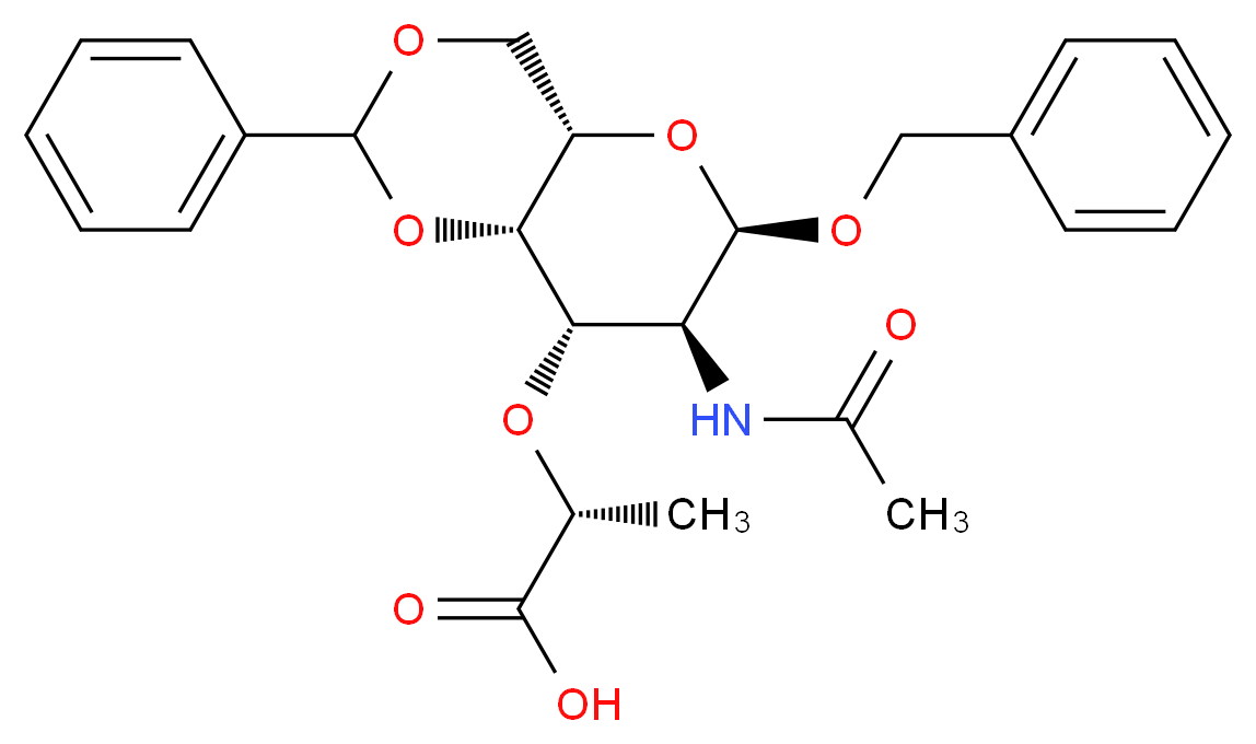 (2R)-2-{[(4aS,6R,7S,8S,8aS)-6-(benzyloxy)-7-acetamido-2-phenyl-hexahydro-2H-pyrano[3,2-d][1,3]dioxin-8-yl]oxy}propanoic acid_分子结构_CAS_2862-03-5