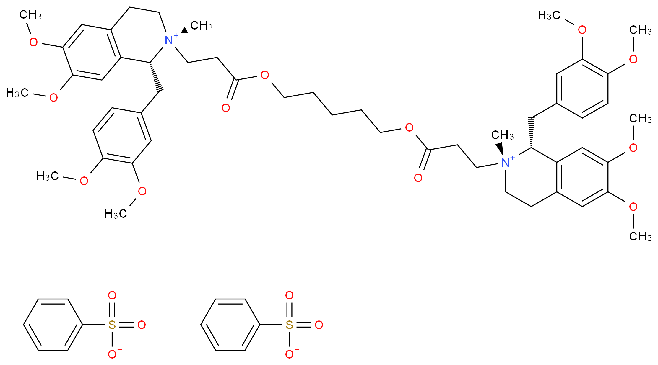 (1R,2R)-1-[(3,4-dimethoxyphenyl)methyl]-2-(3-{[5-({3-[(1R,2R)-1-[(3,4-dimethoxyphenyl)methyl]-6,7-dimethoxy-2-methyl-1,2,3,4-tetrahydroisoquinolin-2-ium-2-yl]propanoyl}oxy)pentyl]oxy}-3-oxopropyl)-6,7-dimethoxy-2-methyl-1,2,3,4-tetrahydroisoquinolin-2-ium dibenzenesulfonate_分子结构_CAS_96946-42-8