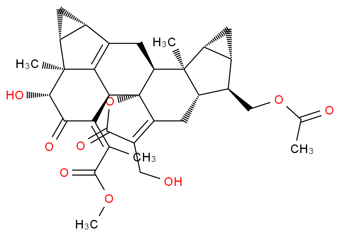 methyl 2-[(1R,2S,8S,9R,10S,12R,13S,14S,17S,19R,20S,21R,23Z)-9-[(acetyloxy)methyl]-21-hydroxy-5-(hydroxymethyl)-13,20-dimethyl-4,22-dioxo-3-oxaoctacyclo[14.7.1.0<sup>2</sup>,<sup>6</sup>.0<sup>2</sup>,<sup>1</sup><sup>4</sup>.0<sup>8</sup>,<sup>1</sup><sup>3</sup>.0<sup>1</sup><sup>0</sup>,<sup>1</sup><sup>2</sup>.0<sup>1</sup><sup>7</sup>,<sup>1</sup><sup>9</sup>.0<sup>2</sup><sup>0</sup>,<sup>2</sup><sup>4</sup>]tetracosa-5,16(24)-dien-23-ylidene]propanoate_分子结构_CAS_142279-42-3