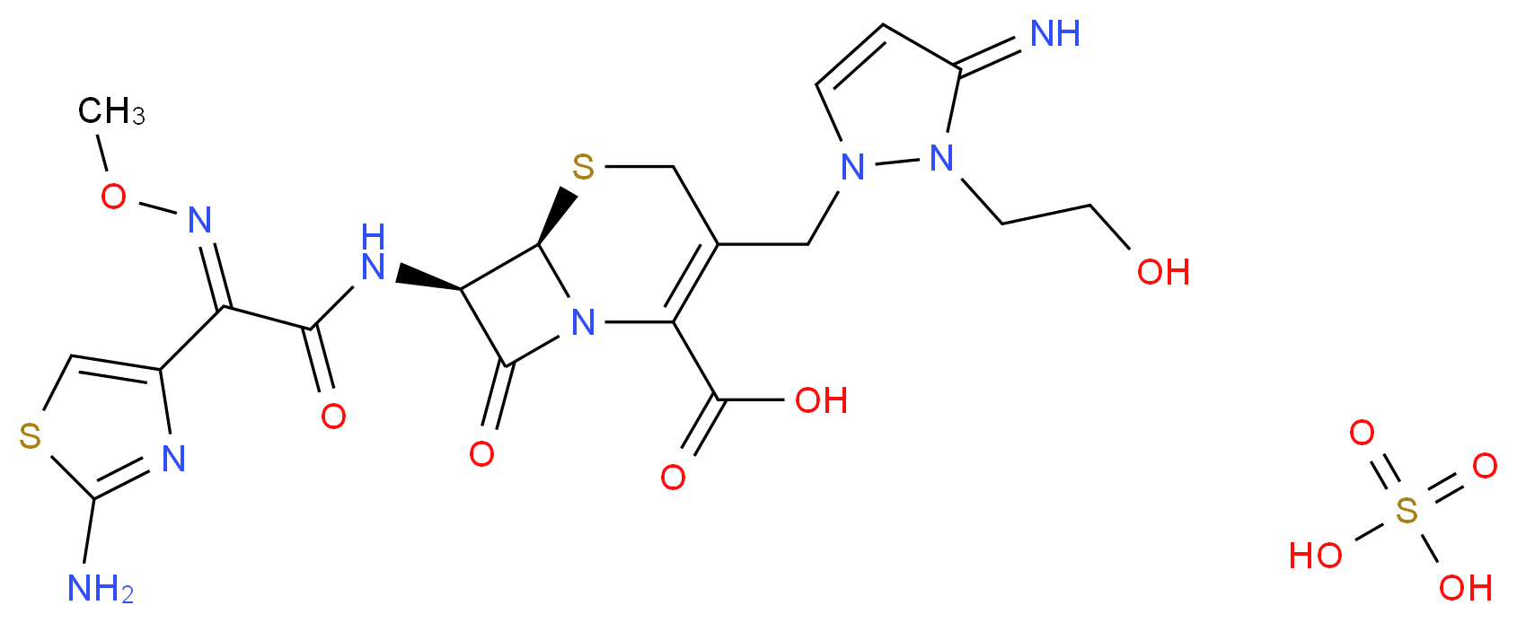 (6R,7R)-7-[(2E)-2-(2-amino-1,3-thiazol-4-yl)-2-(methoxyimino)acetamido]-3-{[2-(2-hydroxyethyl)-3-imino-2,3-dihydro-1H-pyrazol-1-yl]methyl}-8-oxo-5-thia-1-azabicyclo[4.2.0]oct-2-ene-2-carboxylic acid; sulfuric acid_分子结构_CAS_122841-12-7