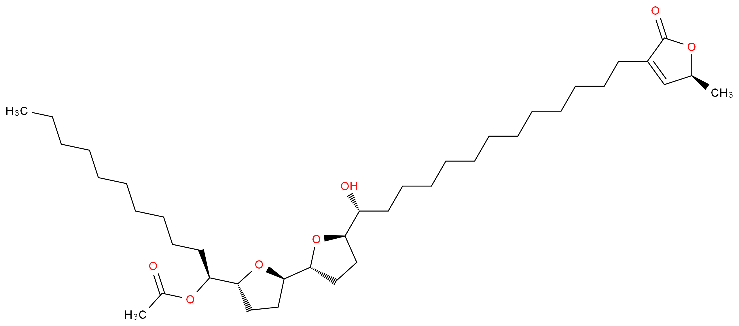 (1S)-1-[(2R,5R)-5-[(2R,5R)-5-[(1R)-1-hydroxy-13-[(5S)-5-methyl-2-oxo-2,5-dihydrofuran-3-yl]tridecyl]oxolan-2-yl]oxolan-2-yl]undecyl acetate_分子结构_CAS_82064-83-3