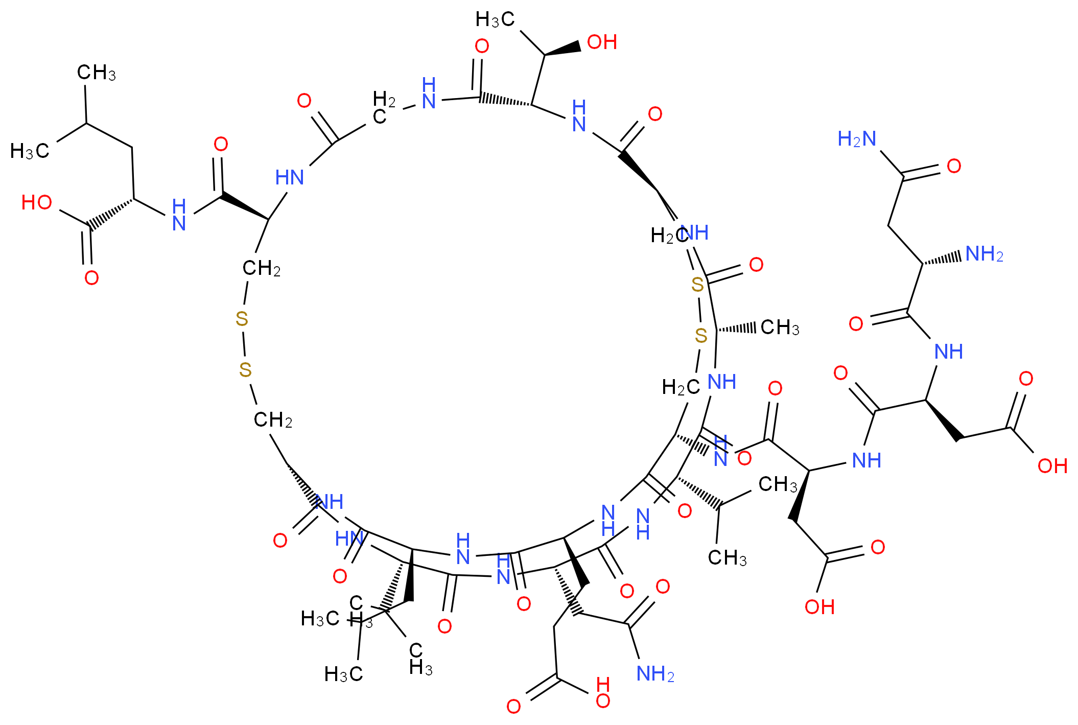 (2S)-2-{[(1R,4S,7S,10S,13S,16R,19S,22S,25R,32S,38R)-25-[(2S)-2-[(2S)-2-[(2S)-2-amino-3-carbamoylpropanamido]-3-carboxypropanamido]-3-carboxypropanamido]-10-(carbamoylmethyl)-22-(2-carboxyethyl)-32-[(1R)-1-hydroxyethyl]-4-methyl-19-(2-methylpropyl)-3,6,9,12,15,18,21,24,30,33,36-undecaoxo-7,13-bis(propan-2-yl)-27,28,40,41-tetrathia-2,5,8,11,14,17,20,23,31,34,37-undecaazabicyclo[14.13.13]dotetracontan-38-yl]formamido}-4-methylpentanoic acid_分子结构_CAS_154525-25-4