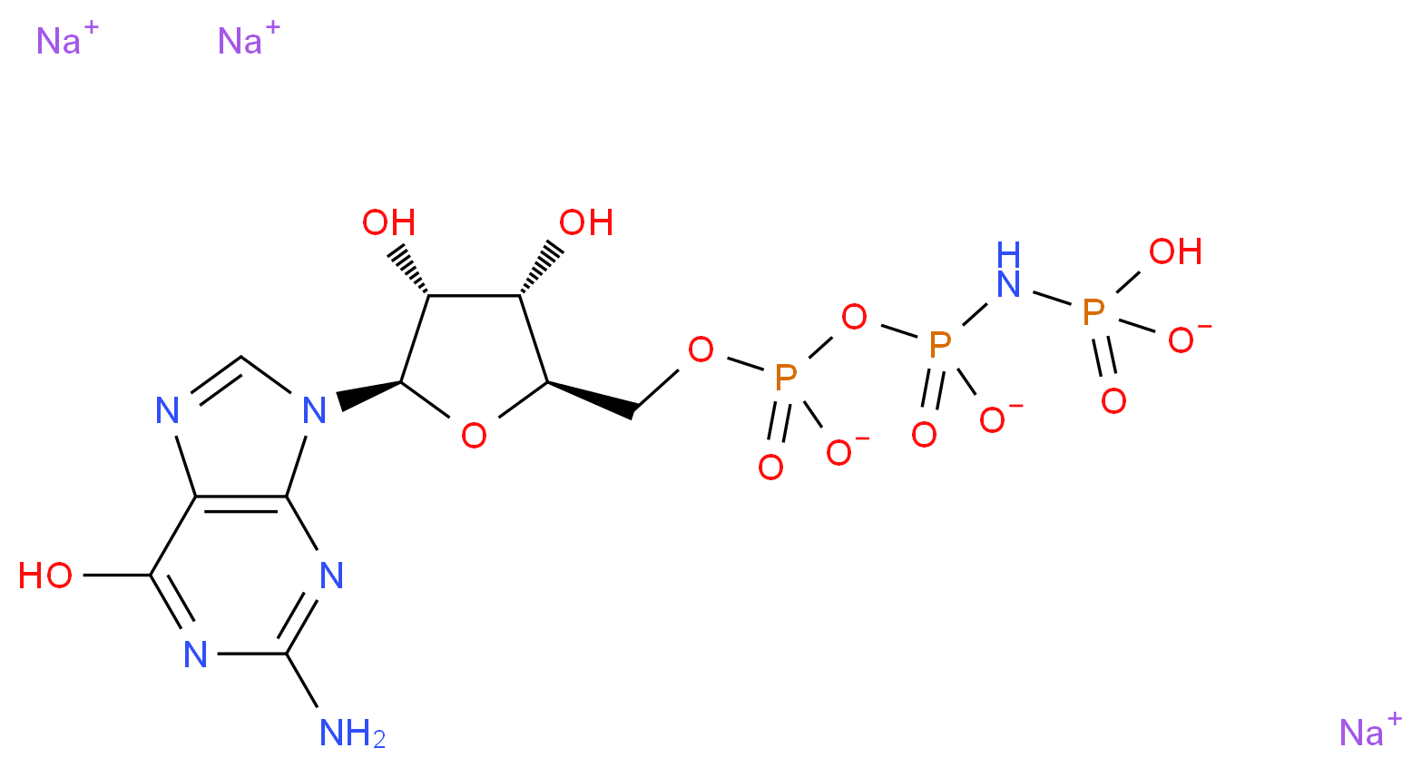 trisodium hydrogen {[({[(2R,3S,4R,5R)-5-(2-amino-6-hydroxy-9H-purin-9-yl)-3,4-dihydroxyoxolan-2-yl]methyl phosphonato}oxy)phosphinato]amino}phosphonate_分子结构_CAS_148892-91-5