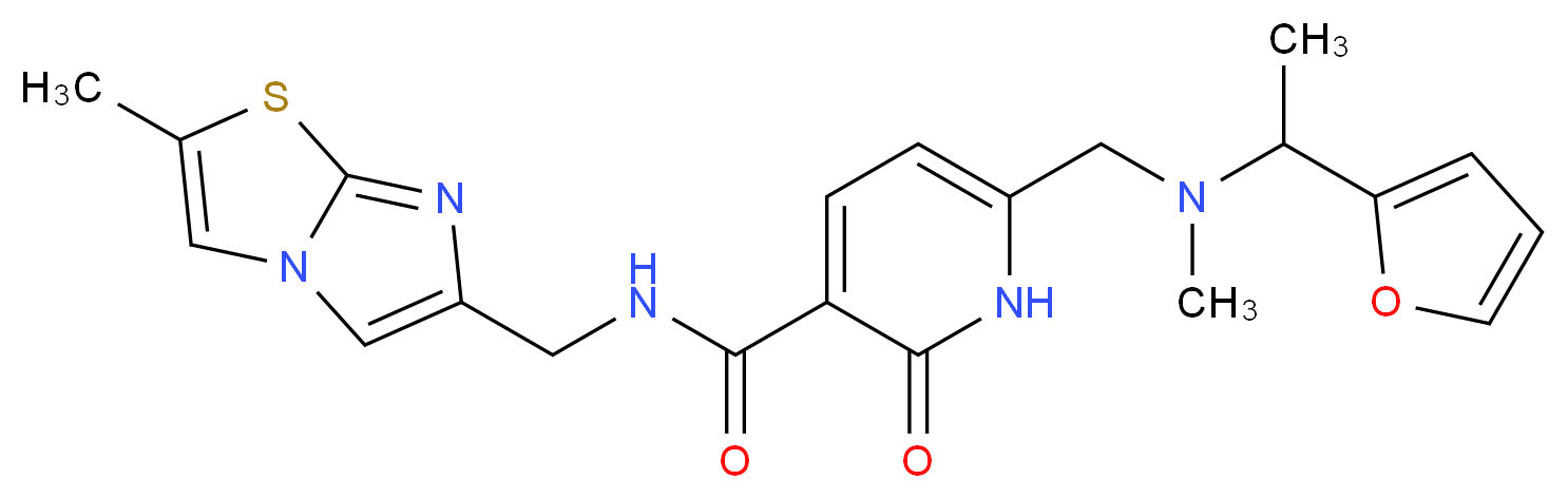 6-{[[1-(2-furyl)ethyl](methyl)amino]methyl}-N-[(2-methylimidazo[2,1-b][1,3]thiazol-6-yl)methyl]-2-oxo-1,2-dihydro-3-pyridinecarboxamide_分子结构_CAS_)