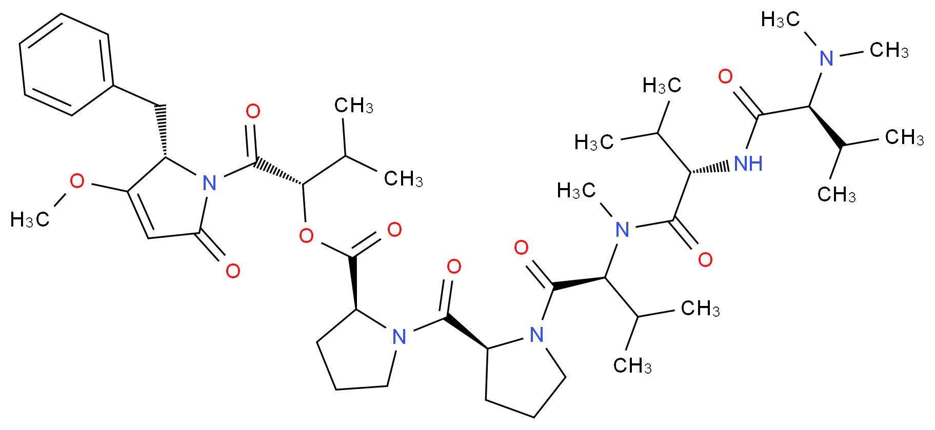 (2S)-1-[(2S)-2-benzyl-3-methoxy-5-oxo-2,5-dihydro-1H-pyrrol-1-yl]-3-methyl-1-oxobutan-2-yl (2S)-1-[(2S)-1-[(2S)-2-[(2S)-2-[(2S)-2-(dimethylamino)-3-methylbutanamido]-N,3-dimethylbutanamido]-3-methylbutanoyl]pyrrolidine-2-carbonyl]pyrrolidine-2-carboxylate_分子结构_CAS_123884-00-4