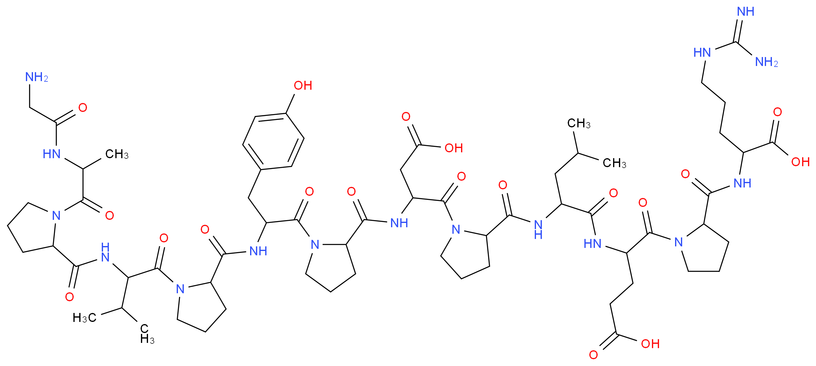 2-[(1-{2-[2-({1-[2-({1-[2-({1-[2-({1-[2-(2-aminoacetamido)propanoyl]pyrrolidin-2-yl}formamido)-3-methylbutanoyl]pyrrolidin-2-yl}formamido)-3-(4-hydroxyphenyl)propanoyl]pyrrolidin-2-yl}formamido)-3-carboxypropanoyl]pyrrolidin-2-yl}formamido)-4-methylpentanamido]-4-carboxybutanoyl}pyrrolidin-2-yl)formamido]-5-carbamimidamidopentanoic acid_分子结构_CAS_120944-72-1