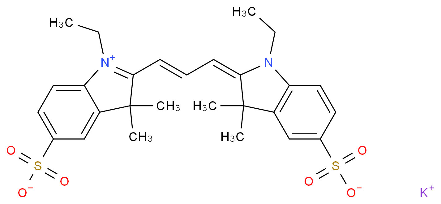 potassium 1-ethyl-2-[(1E)-3-[(2E)-1-ethyl-3,3-dimethyl-5-sulfonato-2,3-dihydro-1H-indol-2-ylidene]prop-1-en-1-yl]-3,3-dimethyl-3H-indol-1-ium-5-sulfonate_分子结构_CAS_474972-41-3