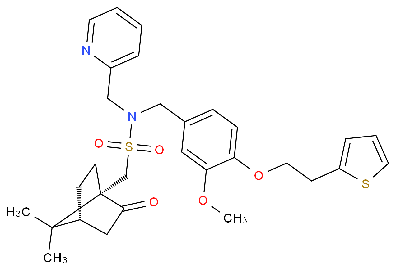 1-[(1S,4R)-7,7-dimethyl-2-oxobicyclo[2.2.1]hept-1-yl]-N-{3-methoxy-4-[2-(2-thienyl)ethoxy]benzyl}-N-(2-pyridinylmethyl)methanesulfonamide_分子结构_CAS_)