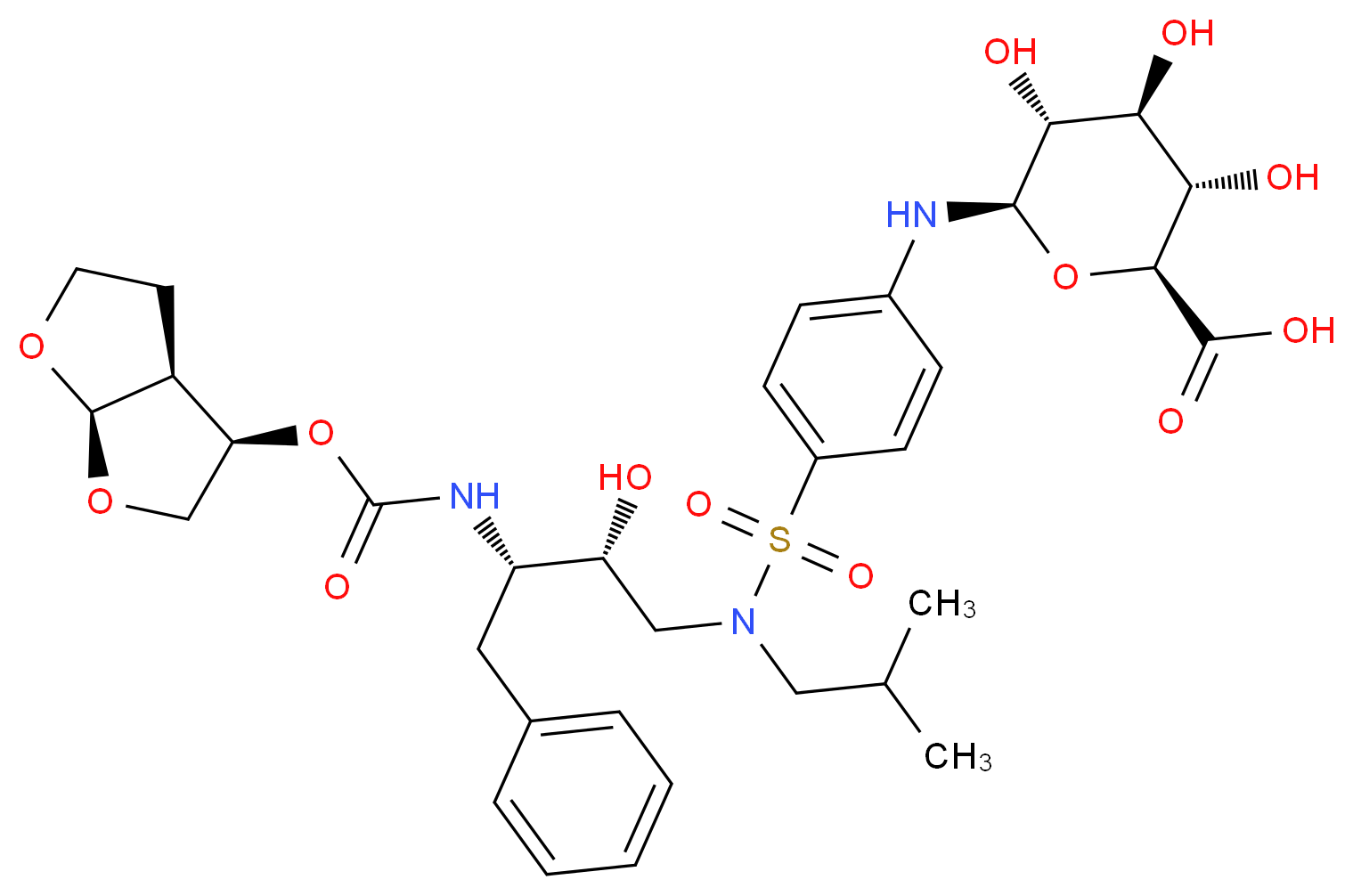 (2S,3S,4S,5R,6R)-6-[(4-{[(2R,3S)-3-({[(3R,3aS,6aR)-hexahydrofuro[2,3-b]furan-3-yloxy]carbonyl}amino)-2-hydroxy-4-phenylbutyl](2-methylpropyl)sulfamoyl}phenyl)amino]-3,4,5-trihydroxyoxane-2-carboxylic acid_分子结构_CAS_1159613-25-8