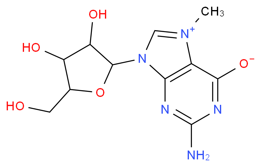 2-amino-9-[3,4-dihydroxy-5-(hydroxymethyl)oxolan-2-yl]-7-methyl-9H-purin-7-ium-6-olate_分子结构_CAS_20244-86-4